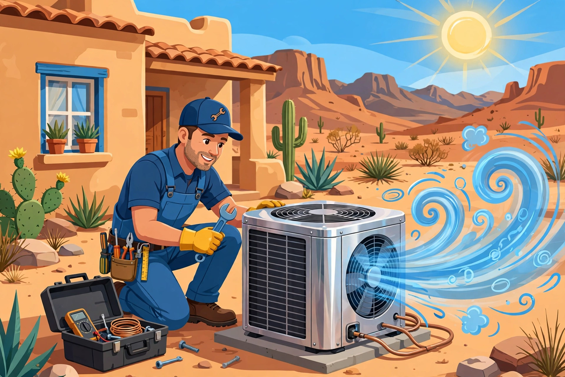 Local contractor servicing an outdoor AC unit